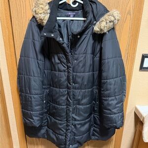 Roaman's Black Puffer Coat with Faux Fur Hood